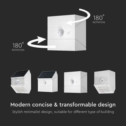 Aurinkokäyttöinen LED-seinävalaisin anturilla LED/2,5W/3,7V 3000/4000/6000K IP65 1200 mAh valkoinen