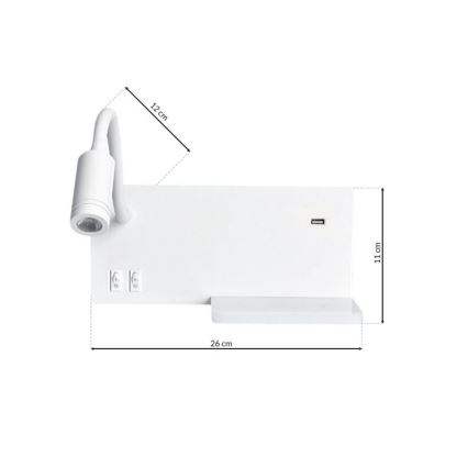 LED-seinävalaisin SHELF LED/4W+LED/5W+LED/2W/230V + USB-portti valkoinen
