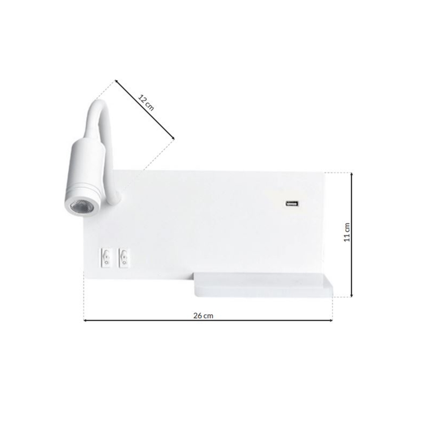 LED-seinävalaisin SHELF LED/4W+LED/5W+LED/2W/230V + USB-portti valkoinen