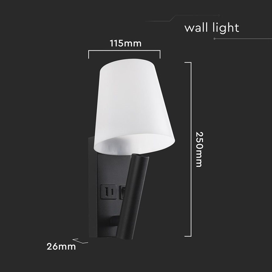 LED-seinävalaisin USB-portilla LED/2W/230V 3000K musta/valkoinen