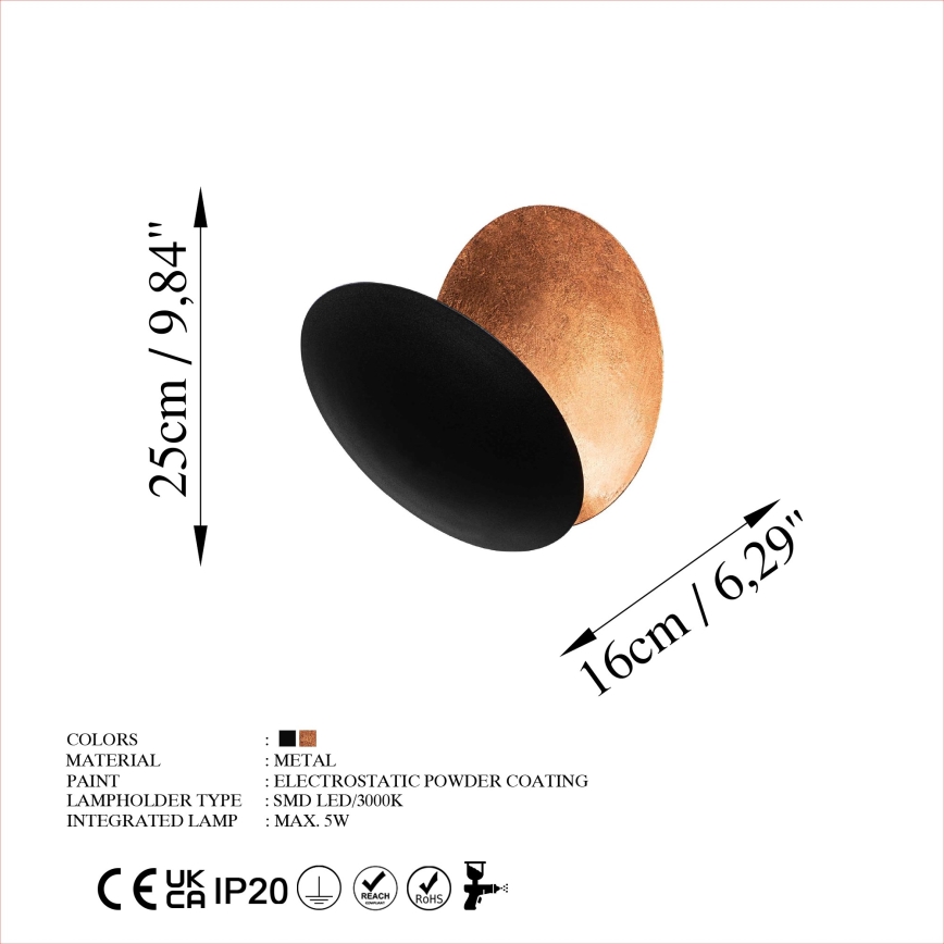 LED-seinävalaisin YOSMA LED/5W/230V 3000K musta/kupari