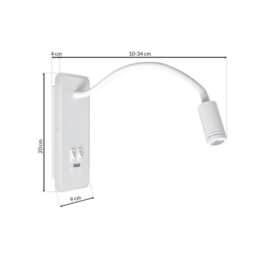 LED-taipuisa seinävalaisin USB-BASE LED/8W+LED/2W/230V valkoinen