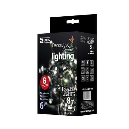 LED-ulkojouluketju CHAIN 180xLED/8 toimintoa 8m IP44 kylmä valkoinen