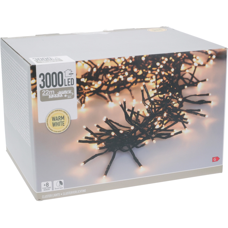 LED-ulkojouluvaloketju 3000 LEDiä/230 V/8 toimintoa 24,8 m IP44 lämminvalkoinen
