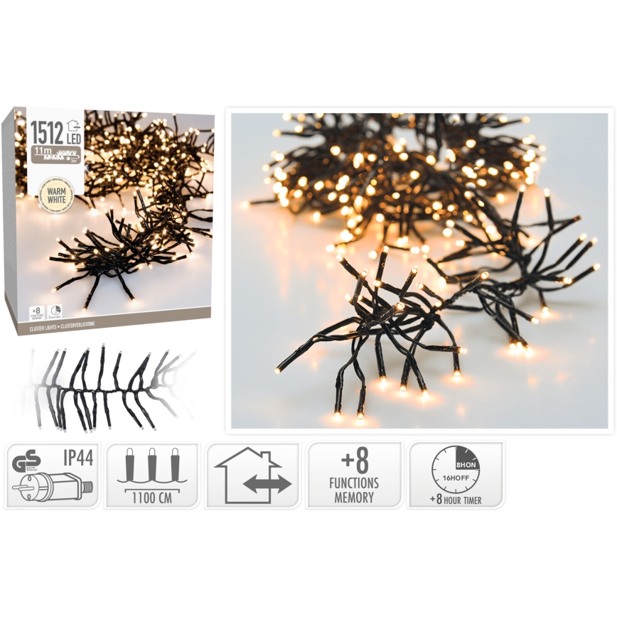LED-ulkojouluvalosarja 1512xLED/230V/8 toimintoa 14 m IP44 lämmin valkoinen