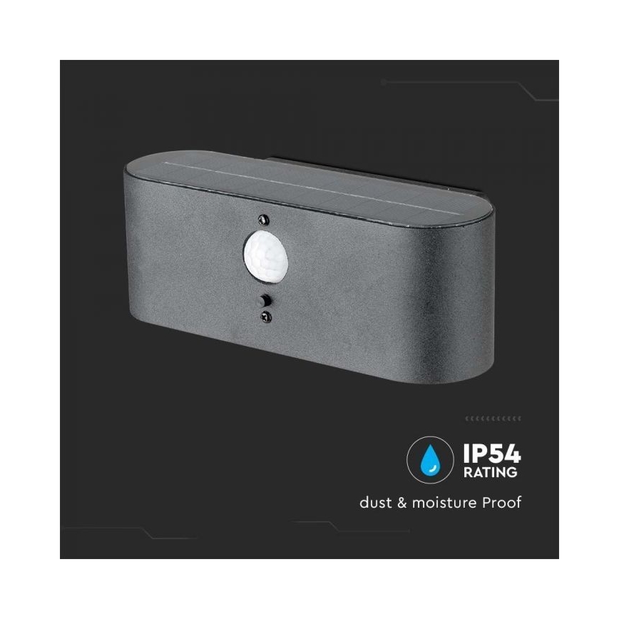 LED Ulkokäyttöön tarkoitettu aurinkokennoseinävalaisin anturilla LED/2,5W/3,7V 3000K IP54 2000 mAh