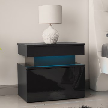 LED-valaistuksella varustettu yöpöytä GLOSSA 55x51 cm musta/kiiltävä musta