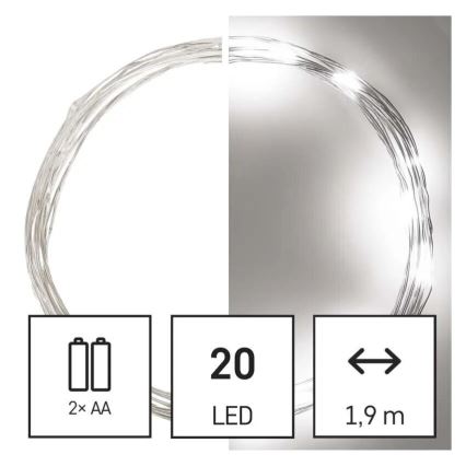 LED-valoketju 20 LED/2×AA, 2,4 m, kylmänvalkoinen