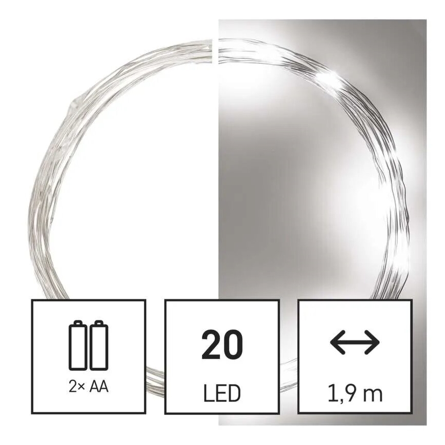 LED-valoketju 20 LED/2×AA, 2,4 m, kylmänvalkoinen