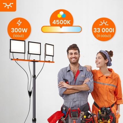 LED-valonheitin jalustalla 3xLED/100W/230V 4500K IP65 musta/oranssi