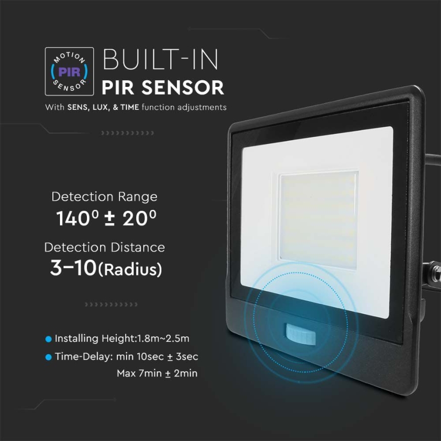 LED-valaisin liiketunnistimella LED/50W/230V 6500K IP65 musta