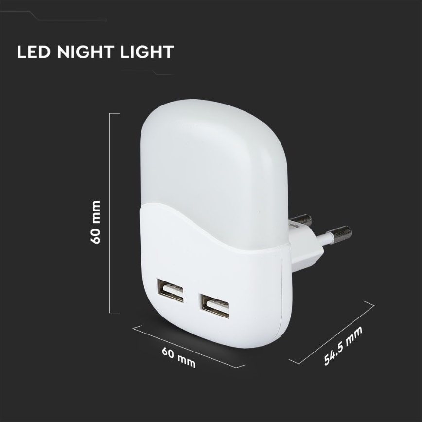 LED-yövalo hämäräkytkimellä pistorasiaan 2xUSB LED/0,45W/230V 4000K