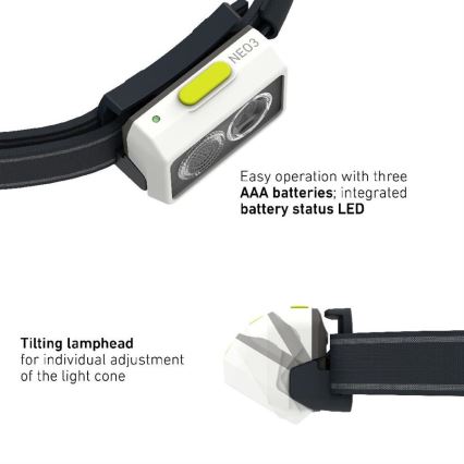 Ledlenser NEO3 - himmennettävä LED-otsalamppu LED/3xAAA IP54 400 lm 20 h musta/valkoinen