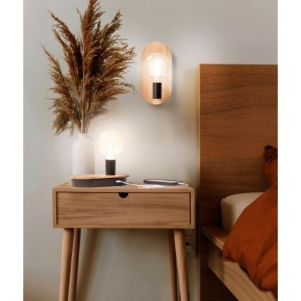 Ledvance - Kosketuspöytävalaisin USB-liitännällä DECOR WOOD 1xE27/8W/230V kumipuu