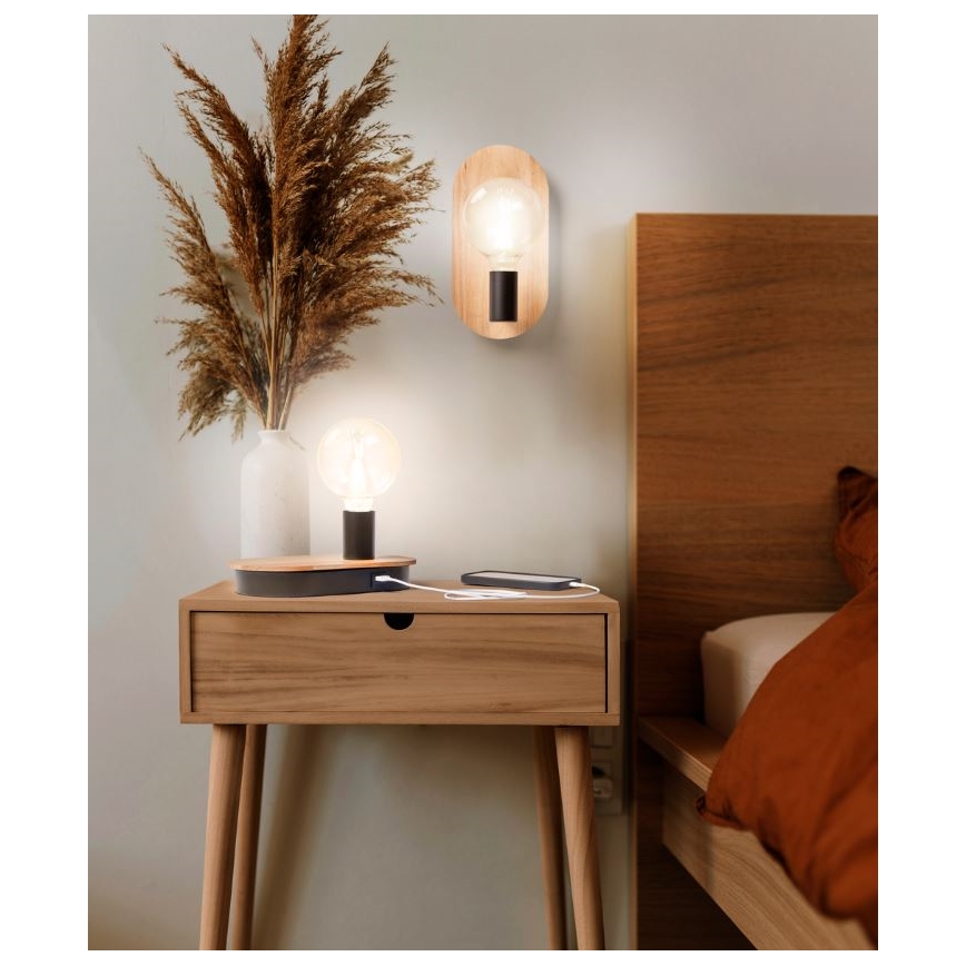 Ledvance - Kosketuspöytävalaisin USB-liitännällä DECOR WOOD 1xE27/8W/230V kumipuu