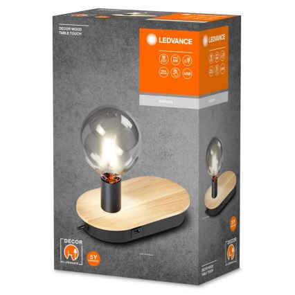 Ledvance - Kosketuspöytävalaisin USB-liitännällä DECOR WOOD 1xE27/8W/230V kumipuu