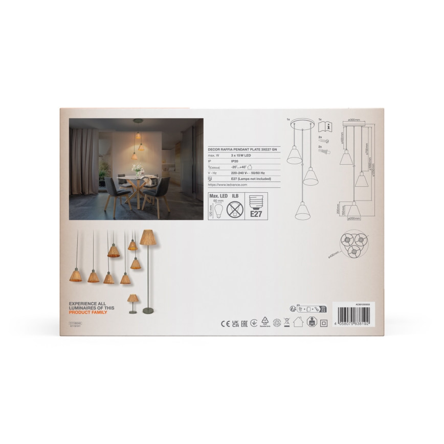 Ledvance - Kattokruunu johdossa DECOR RAFFIA 3xE27/15W/230V juuttinaru