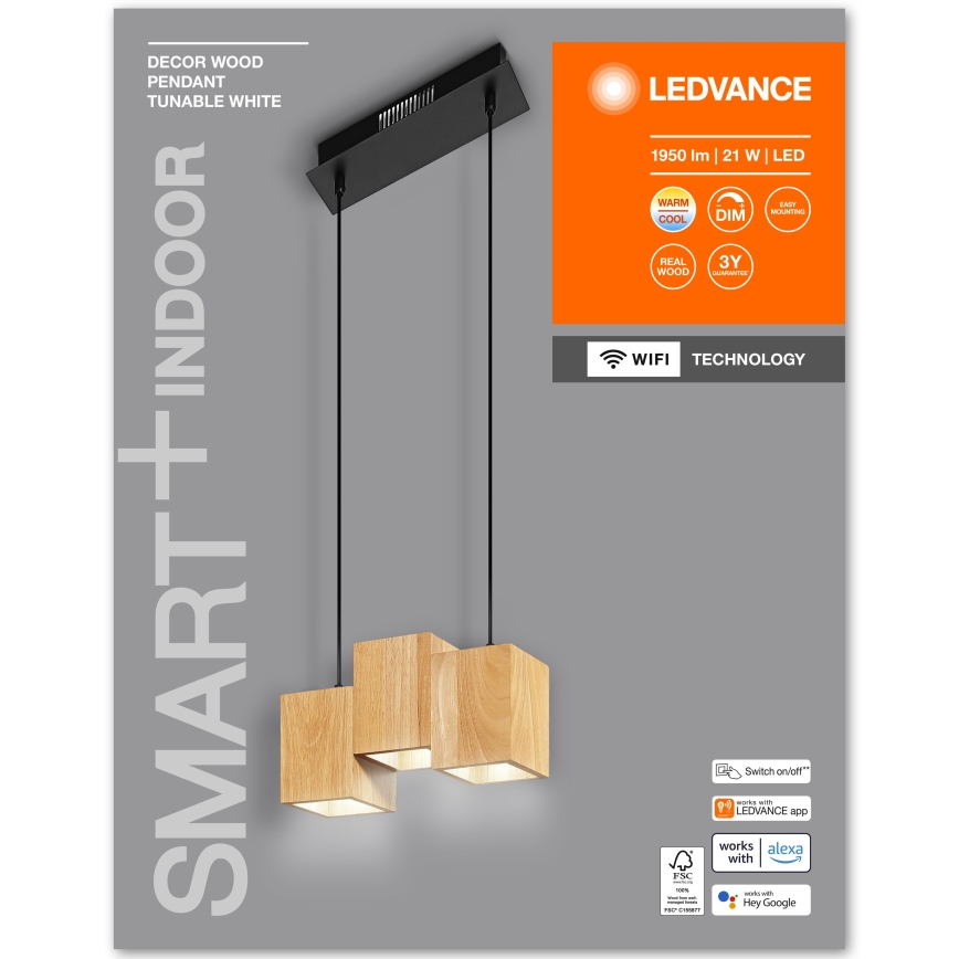 Ledvance - LED Himmennettävä kattokruunu johdossa DECOR WOOD 3xLED/7W/230V Wi-Fi
