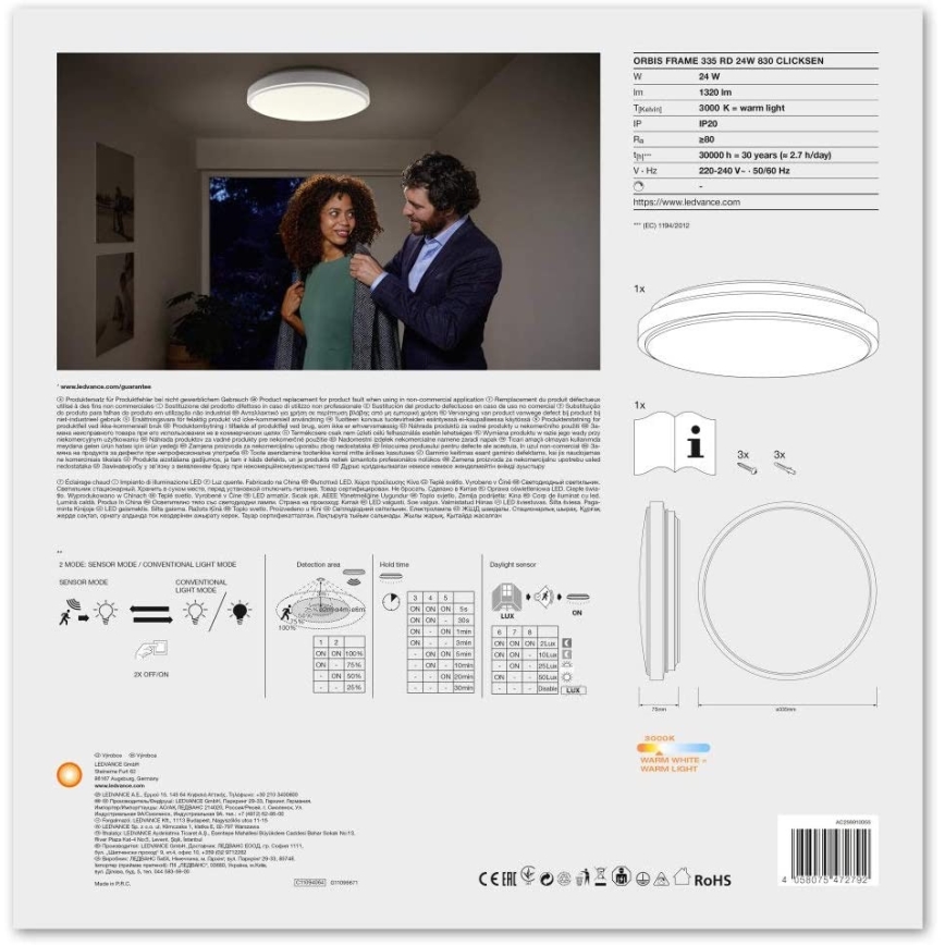 Ledvance - LED-kattovalaisin anturilla ORBIS LED/24W/230V 3000K