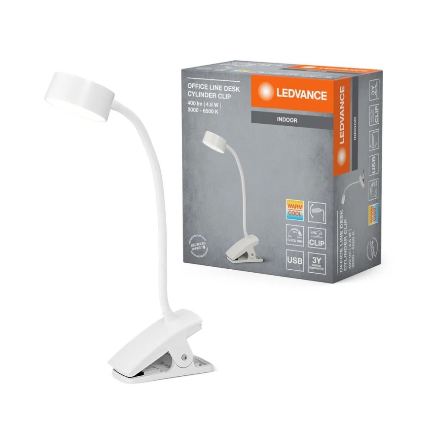 Ledvance - LED-himmennettävä kosketustoiminnolla varustettu pöytävalaisin klipsillä CYLINDER LED/4,8W/5V 3000-6500K valkoinen