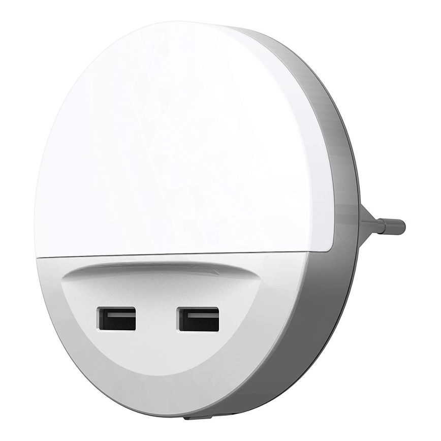 Ledvance - LED-pistorasiaan liitettävä yövalo anturilla LUNETTA 2xUSB LED/13W/230V
