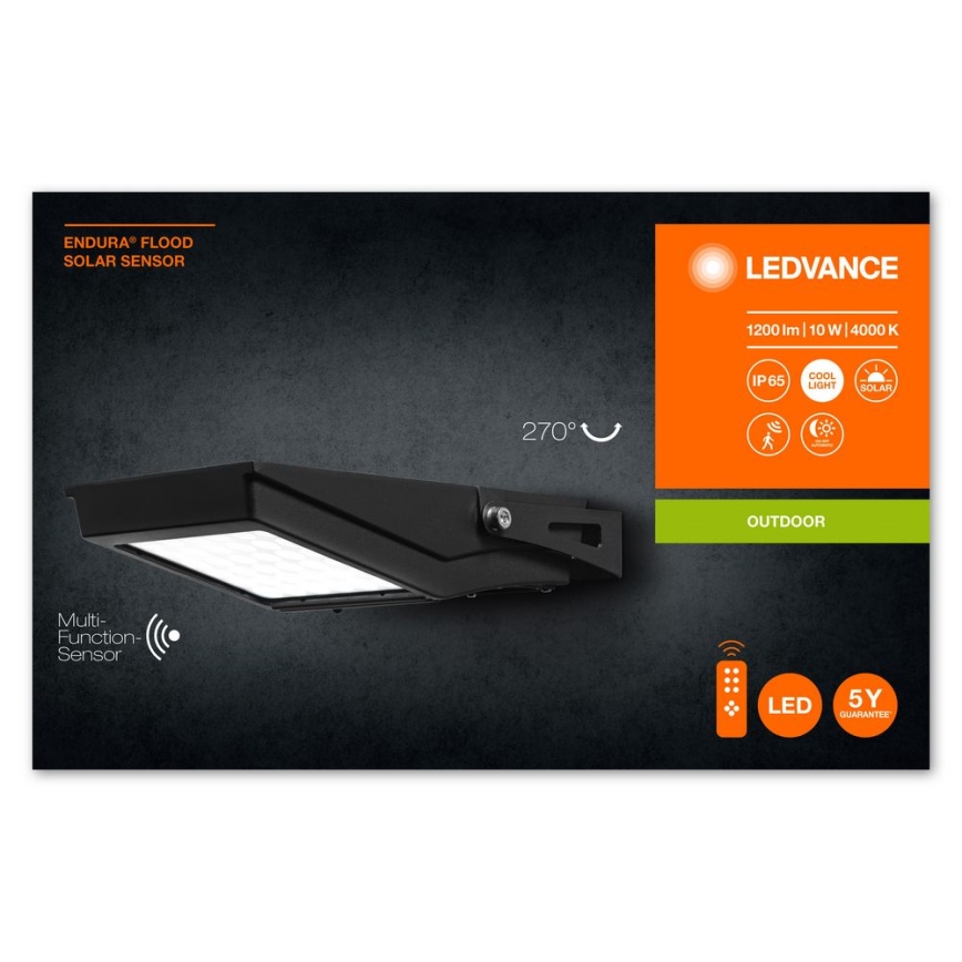 Ledvance - LED-ulkovalaisin aurinkokennolla, liiketunnistimella ja hämäräkytkimellä FLOOD LED/10W/3,6V 2000 mAh IP65 + kaukosäädin