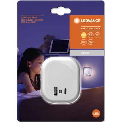 Ledvance - LED-yövalo anturilla ja USB LUNETTA LED/12,5W/230V 3000K valkoinen