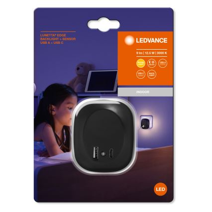 Ledvance - LED-yövalo anturilla ja USB LUNETTA LED/12,5W/230V 3000K musta