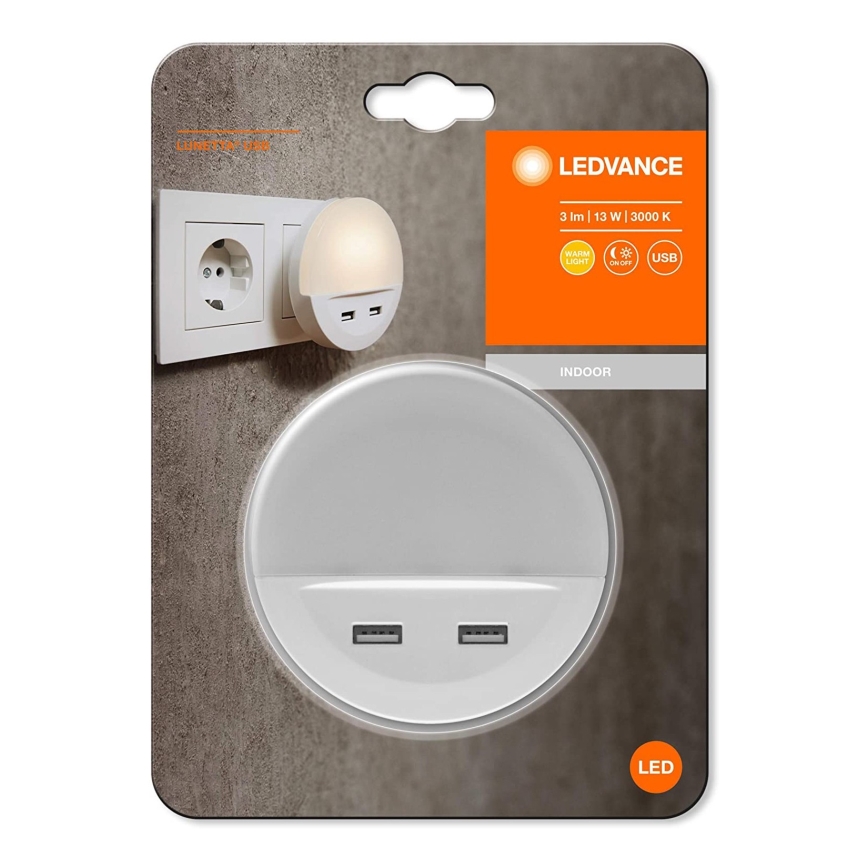 Ledvance - LED-yövalo pistorasiaan anturilla LUNETTA 2xUSB LED / 13W / 230V