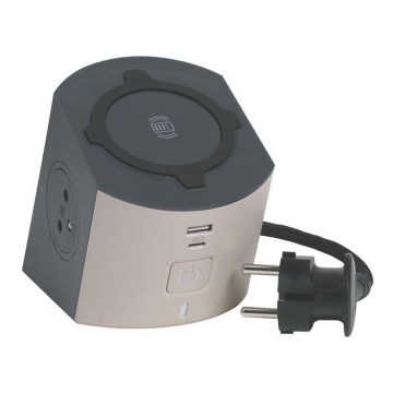 Legrand 049402 - Pistorasianjakaja katkaisimella 2Z Tyyppi E + USB-A + USB-C ja langaton lataus 10W 2m ruskea
