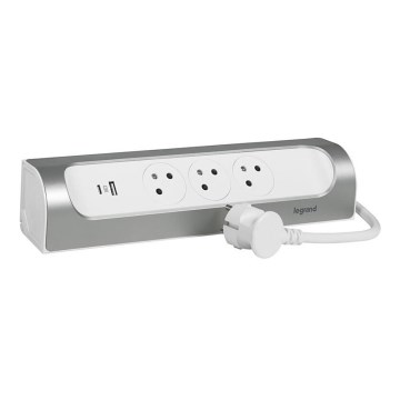 Legrand 049406 - 3-osainen jatkojohto, tyyppi E + USB-A + USB-C, 1m, hopea/valkoinen