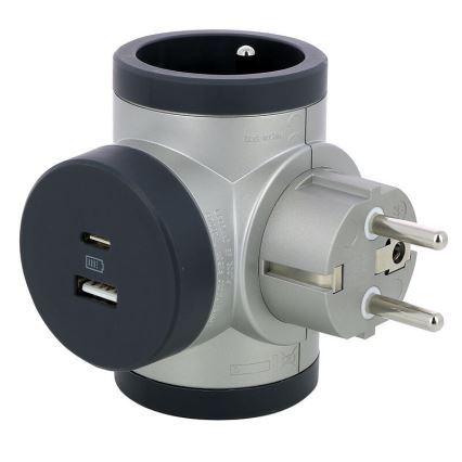 Legrand 049439 - Pistokkeen jakaja pyörivä 2Z Tyyppi E + USB-A + USB-C hopea/musta