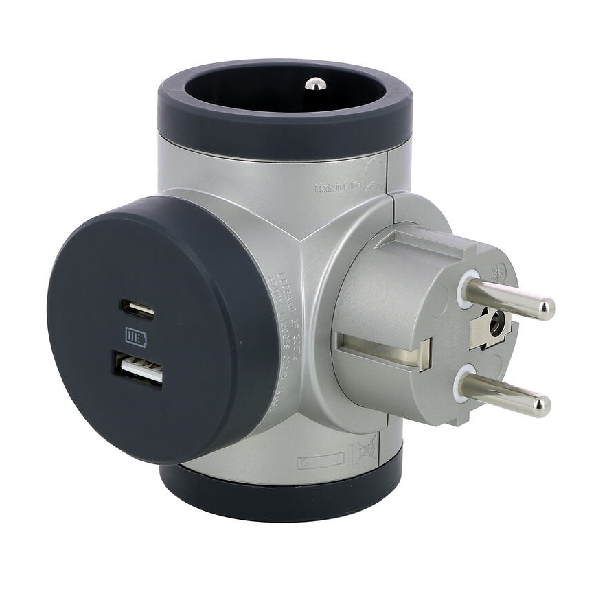 Legrand 049439 - Pistokkeen jakaja pyörivä 2Z Tyyppi E + USB-A + USB-C hopea/musta