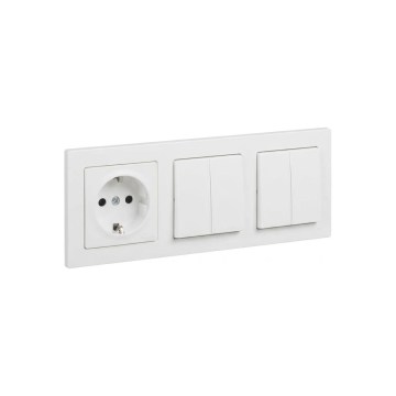 Legrand - 2x kaksiosainen sarjakytkin nro 5 ja kotitalouspistorasia SCHUKO SUNO-kehyksellä 250V valkoinen