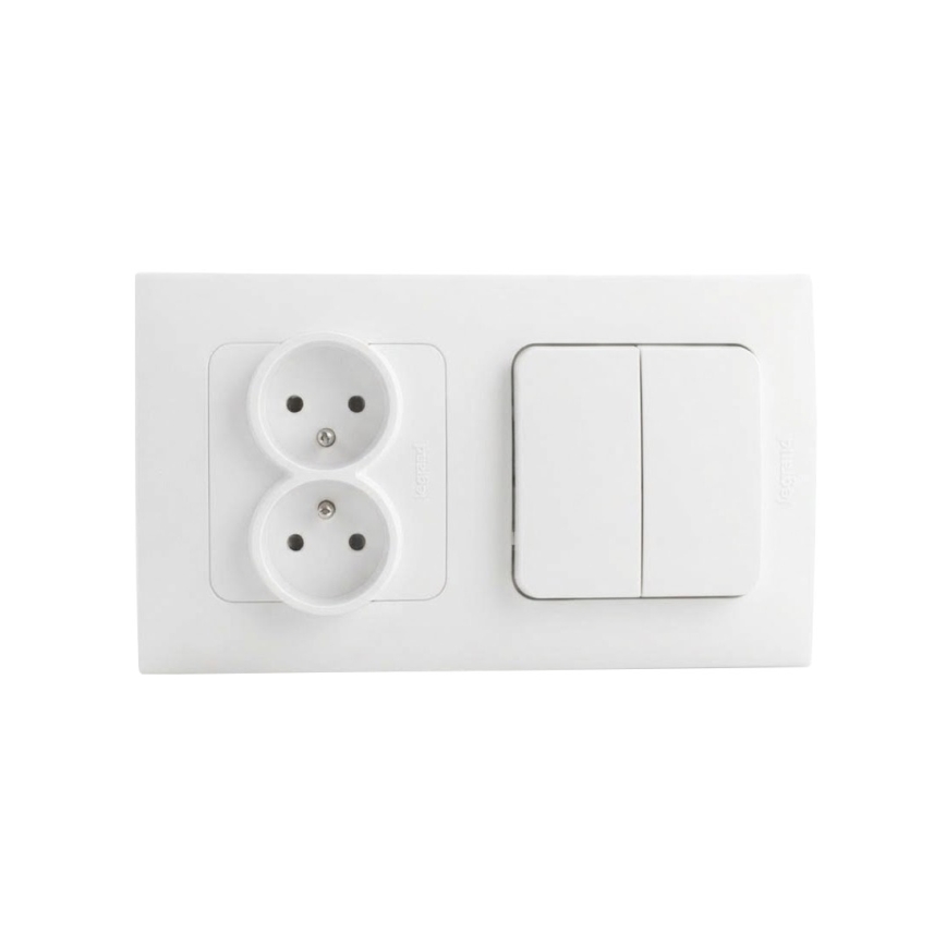 Legrand - Kaksinkertainen kotitalouspistorasia ja kaksiosainen sarjakytkin nro 5 NILOE STEP-kehyksellä 250V valkoinen
