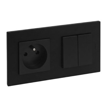 Legrand - Kaksinkertainen portaikkokytkin 6+6 ja kotitalouspistorasia kehyksellä NILOE STEP 250V musta