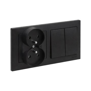 Legrand - Kaksoispistorasia kotikäyttöön ja kaksoissarjakytkin č. 5 SUNO-kehyksellä 250V musta