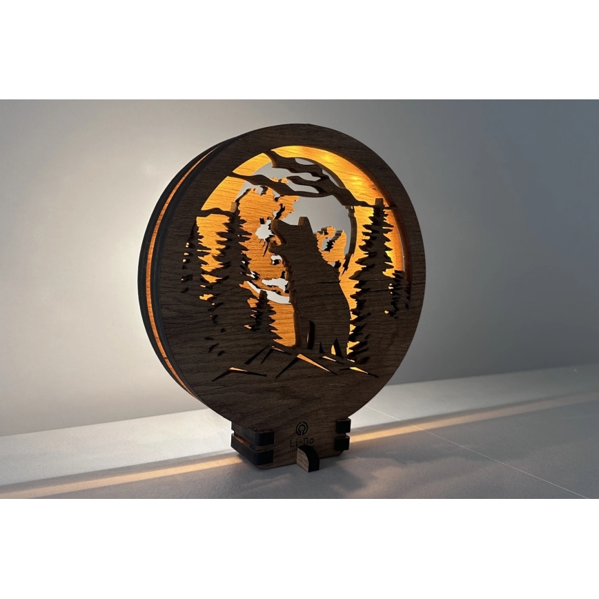 Li-Go 23574/DUB2 - himmennettävä LED-pöytäkoriste LED/12W/230V 20x22 cm tammi/Susi ja kuu