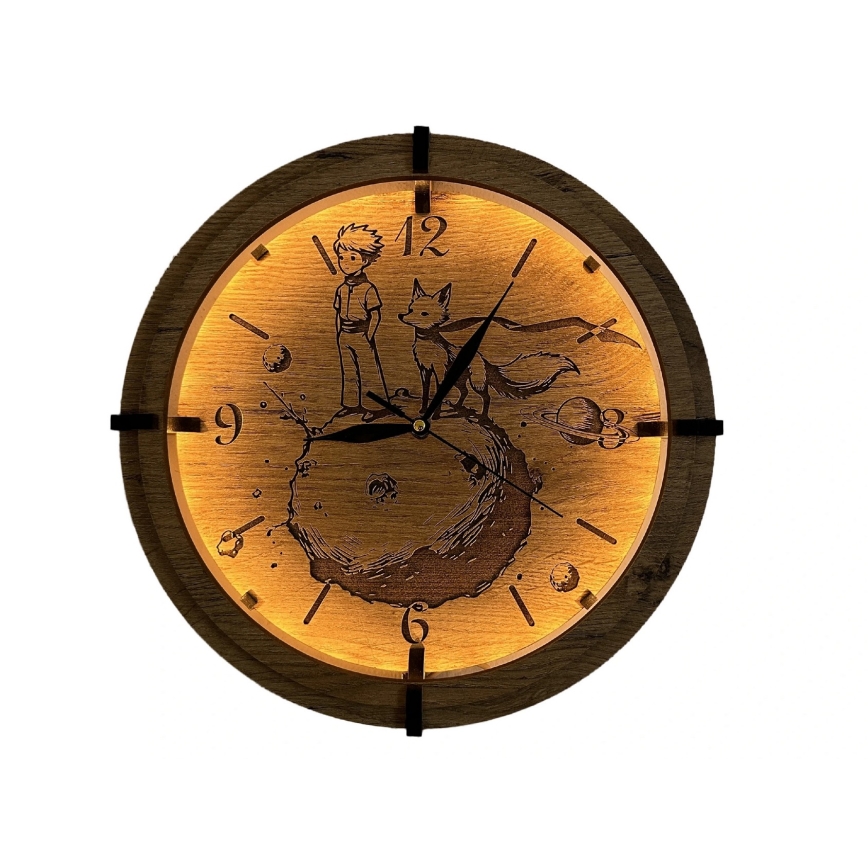 Li-Go 23712/DUB/BAT2 - Himmennettävä LED-kello liiketunnistimella LED/10W/5V 20000 mAh + 1xAA halkaisija 32 cm tammi/Pikku prinssi