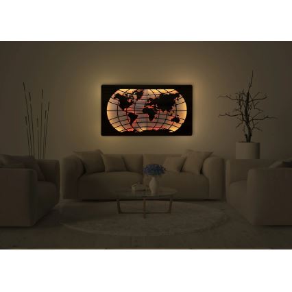 Li-Go 4709/DUB2 - LED RGBW himmennettävä seinäkoriste LED/24W/230V 125x74 cm tammi/maailmankartta (leveyspiirit) + kaukosäädin