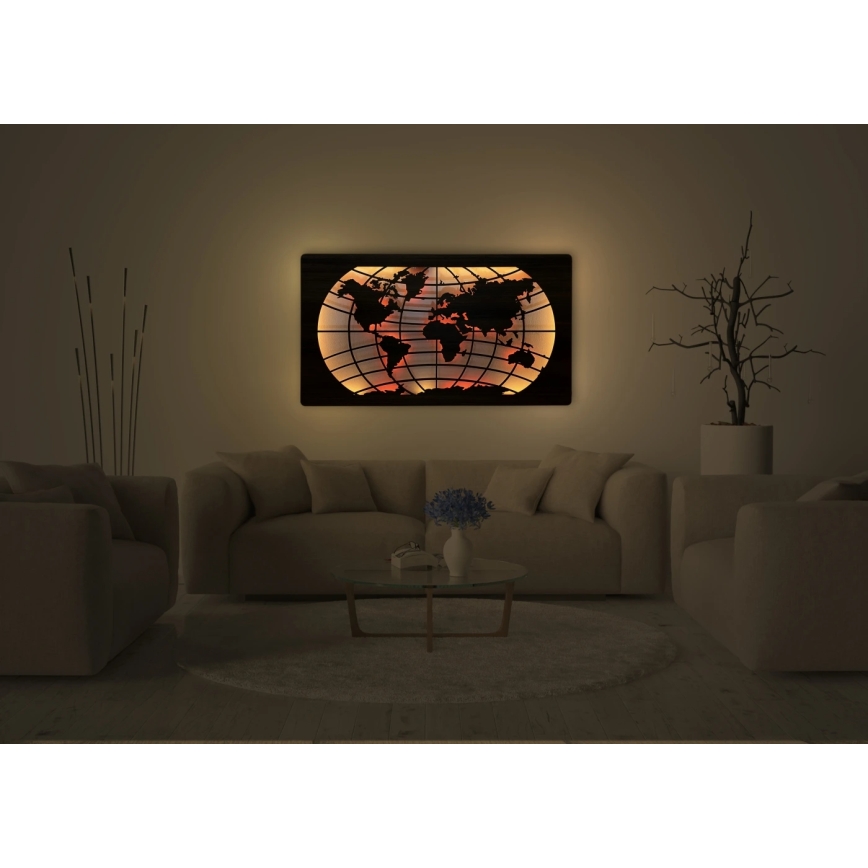 Li-Go 4709/DUB2 - LED RGBW himmennettävä seinäkoriste LED/24W/230V 125x74 cm tammi/maailmankartta (leveyspiirit) + kaukosäädin