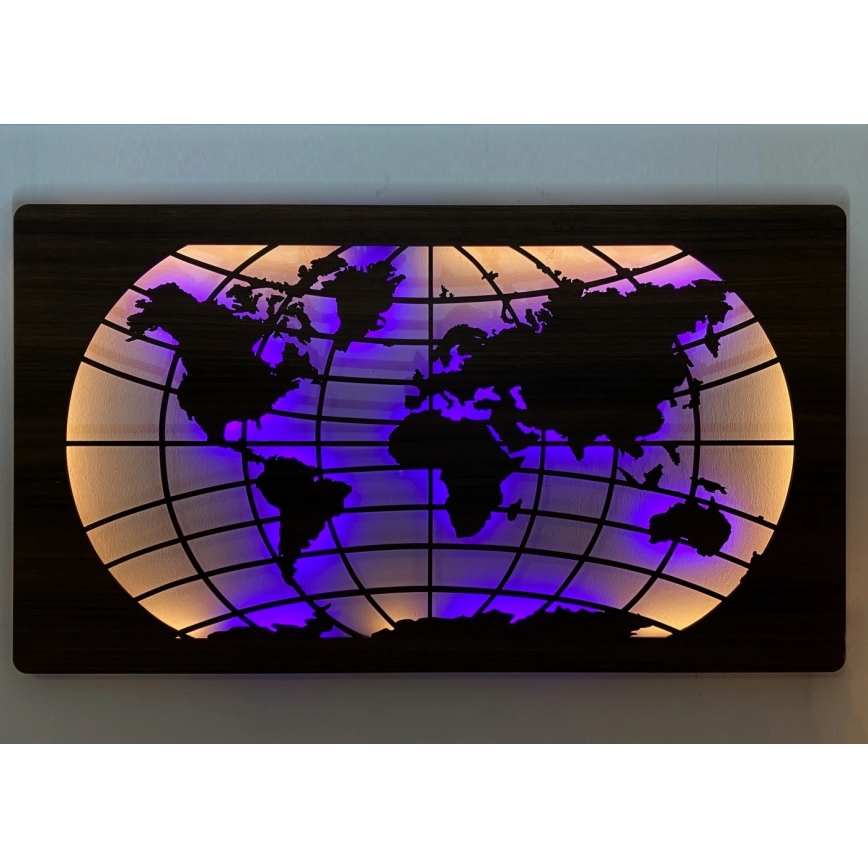 Li-Go 4709/DUB2 - LED RGBW himmennettävä seinäkoriste LED/24W/230V 125x74 cm tammi/maailmankartta (leveyspiirit) + kaukosäädin