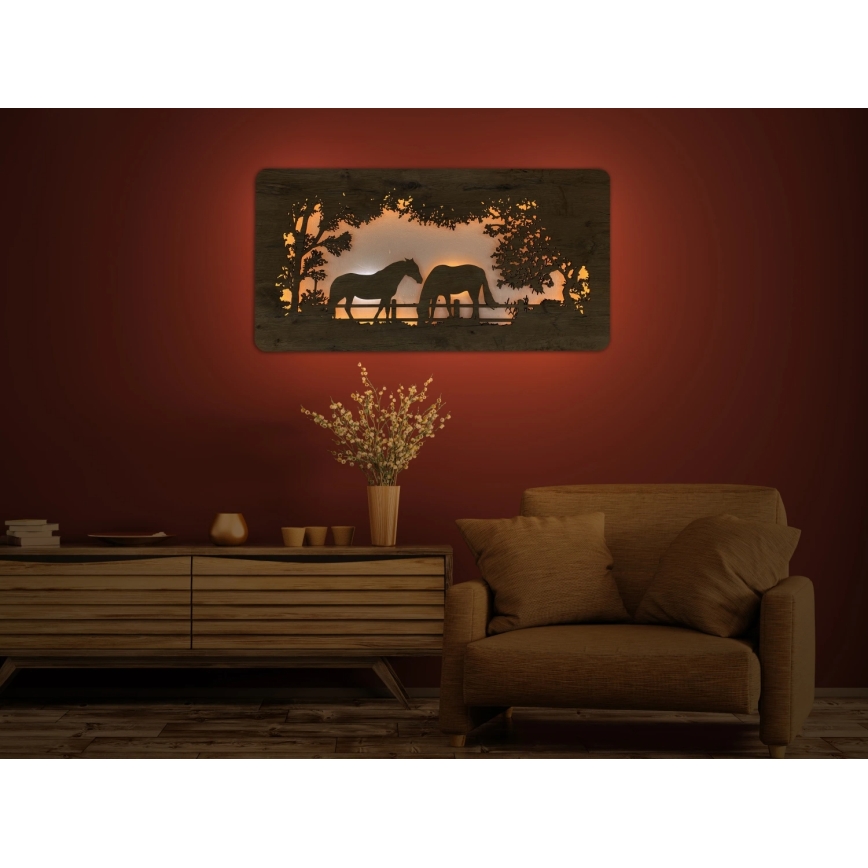 Li-Go 5012/B/4 - himmennettävä LED-seinäkoriste LED/10W/5V 30000 mAh 120x60 cm tammi/hevoset + kaukosäädin