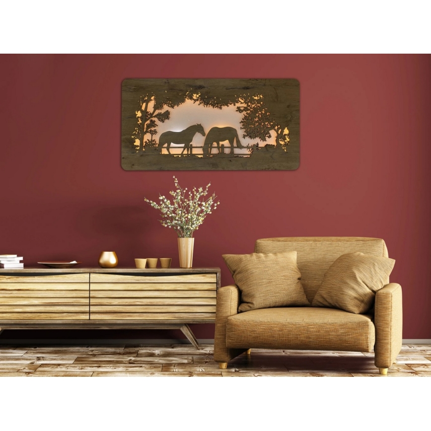 Li-Go 5012/B/4 - himmennettävä LED-seinäkoriste LED/10W/5V 30000 mAh 120x60 cm tammi/hevoset + kaukosäädin