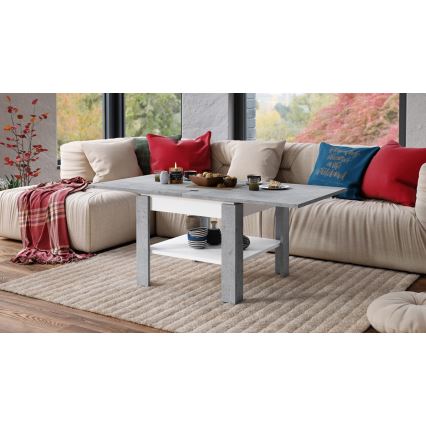 Laajennettava konferenssi-/ruokapöytä LIA harmaa betoni/valkoinen, säilytyshyllyllä