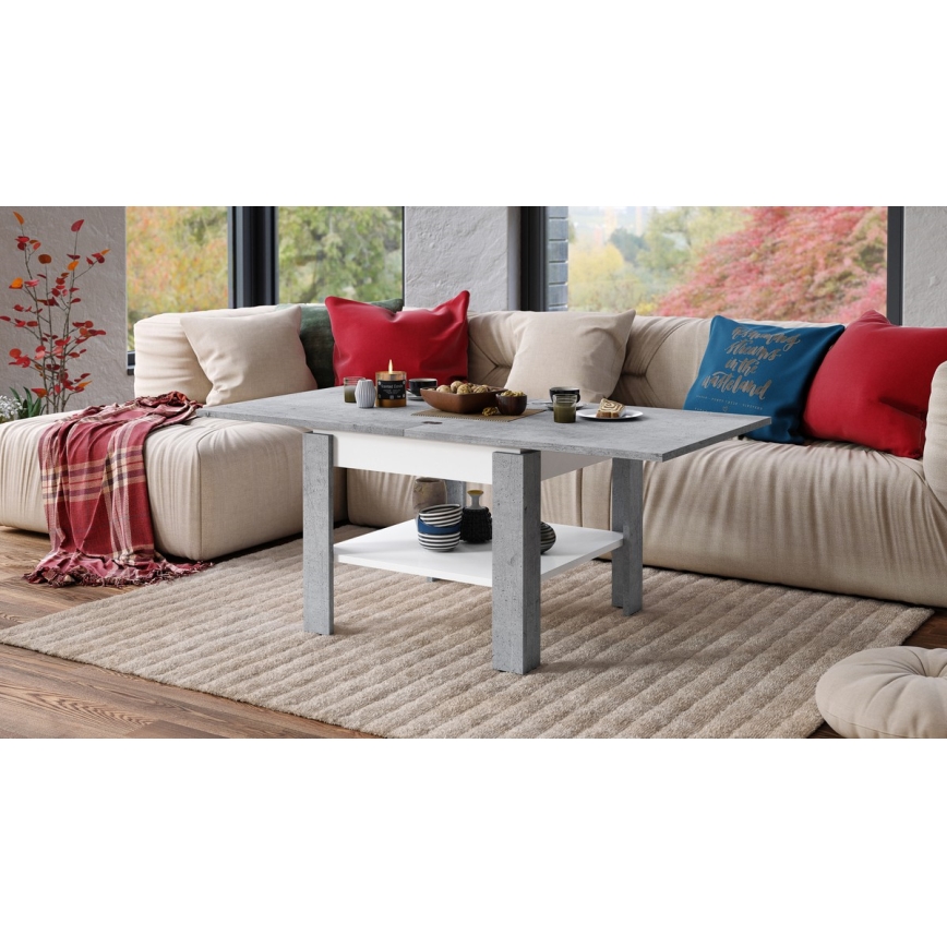 Laajennettava konferenssi-/ruokapöytä LIA harmaa betoni/valkoinen, säilytyshyllyllä