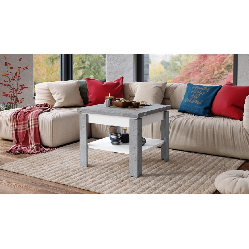 Laajennettava konferenssi-/ruokapöytä LIA harmaa betoni/valkoinen, säilytyshyllyllä