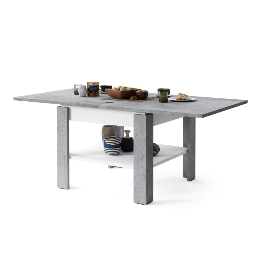 Laajennettava konferenssi-/ruokapöytä LIA harmaa betoni/valkoinen, säilytyshyllyllä