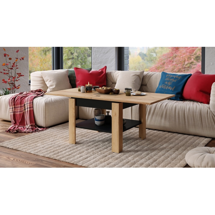 Laajennettava konferenssi-/ruokapöytä LIA tammi craft/musta, säilytyshyllyllä