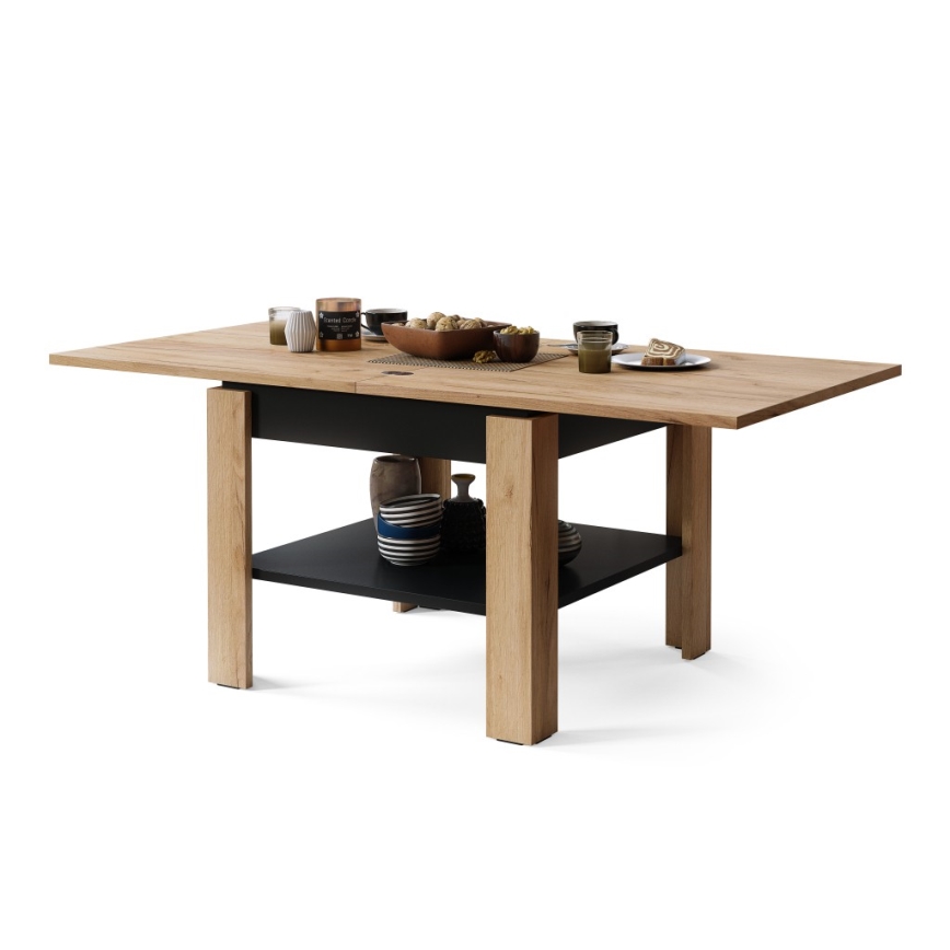Laajennettava konferenssi-/ruokapöytä LIA tammi craft/musta, säilytyshyllyllä